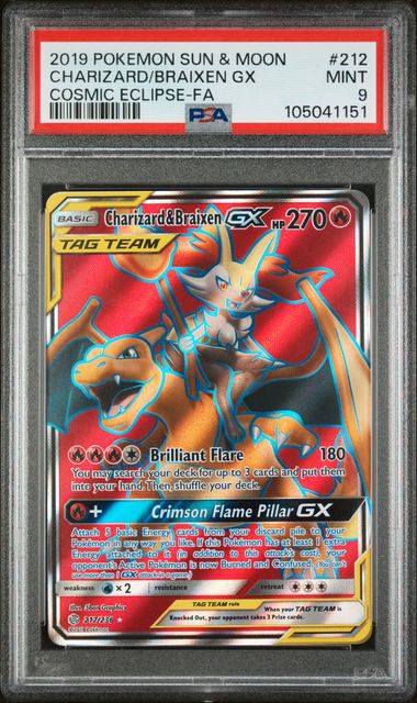 2019 SUN & MOON COSMIC ECLIPSE #212 CHARIZARD/BRAIXEN GX COSMIC ECLIPSE-FA MINT 9