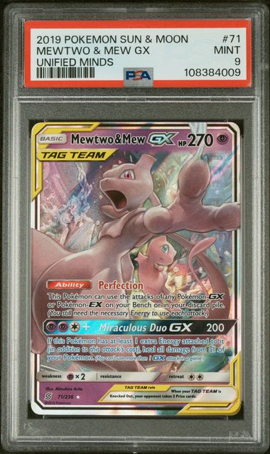 PSA 10 2019 MEWTWO & MEW GX SUN & MOON UNIFIED MINDS #71  GEM-MT 10