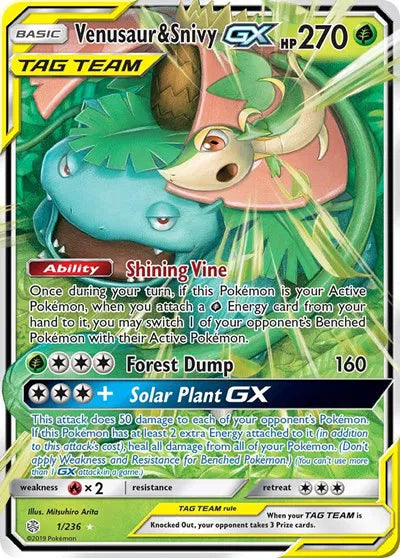 Venusaur & Snivy GX Pokemon Ultra Rare 1/236 Cosmic Eclipse