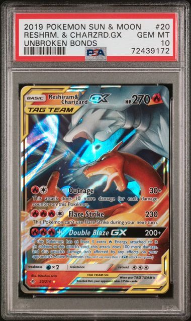 PSA 2019 RESHRM & CHARDZRD GX POKEMON, SUN & MOON #20, GEM MT 10 (72439172)