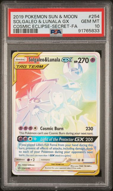 PSA 2019 SUN & MOON COSMIC ECLIPSE #254 SOLGALEO & LUNALA GX COSMIC ECLIPSE-SECRET-FA GEM-MT 10