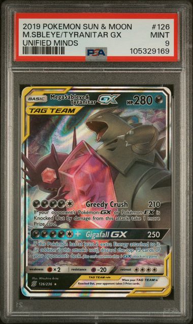 2019 SUN & MOON UNIFIED MINDS #126 M.SBLEYE/TYRANITAR GX UNIFIED MINDS PSA Mint 9